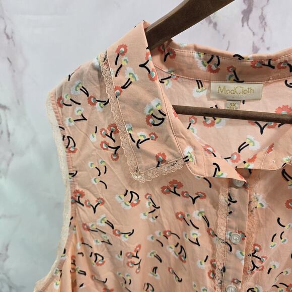 ModCloth Shirt Womens 3X Light Pink Tank Top Floral Button Up Cotton Mod Cloth - Picture 2 of 10